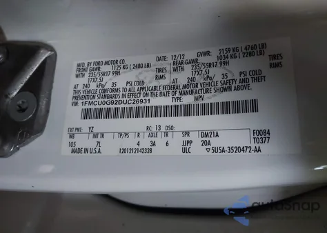 2013 Ford Escape Se z USA, uszkodzony, nr VIN 1FMCU0G92DUC26931